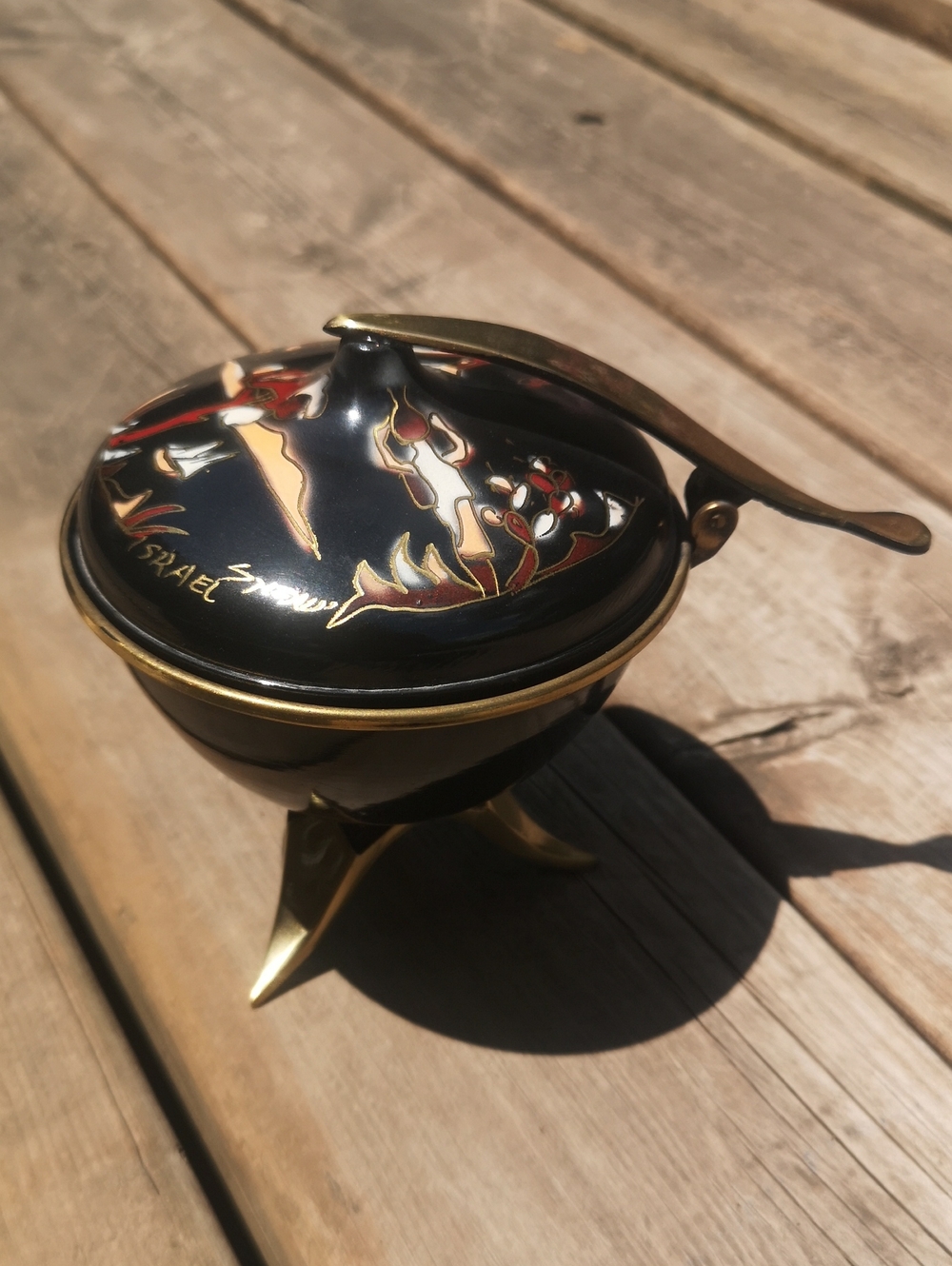 Vintage Israel Sweetmeat Lidded Hand-Painted Enamel On Metal Bowl, Gold Rim /leg